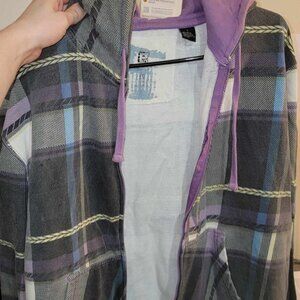 old Zumiez-style purple hoodie, missing zipper, large
